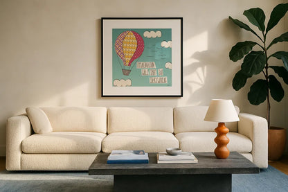 Up Up and Away Imagination Bright by Laura Marshall. Displayed in a glass frame with matte in a clean modern living room. Available as an archival giclee rolled canvas, fine art paper, or poster print. SKU 19784a.