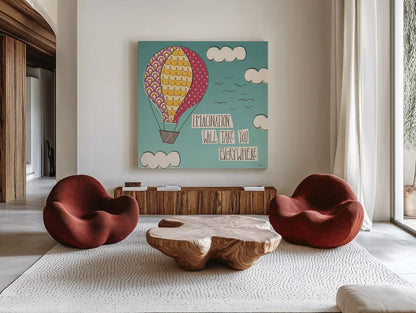 Up Up and Away Imagination Bright by Laura Marshall. Shown as extra-large giant wall art in a modern living room. Available as an archival giclee rolled canvas, fine art paper, or poster print. SKU 19784a.