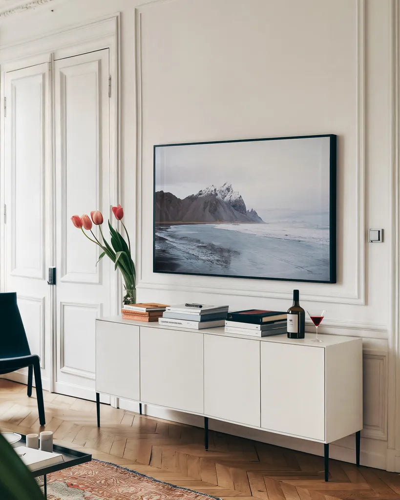 Vestrahorn by Laura Marshall. shown as a framed stretched canvas in a living room above a console. Available as a archival giclee rolled canvas, fine art paper, or poster print. SKU 53846i.