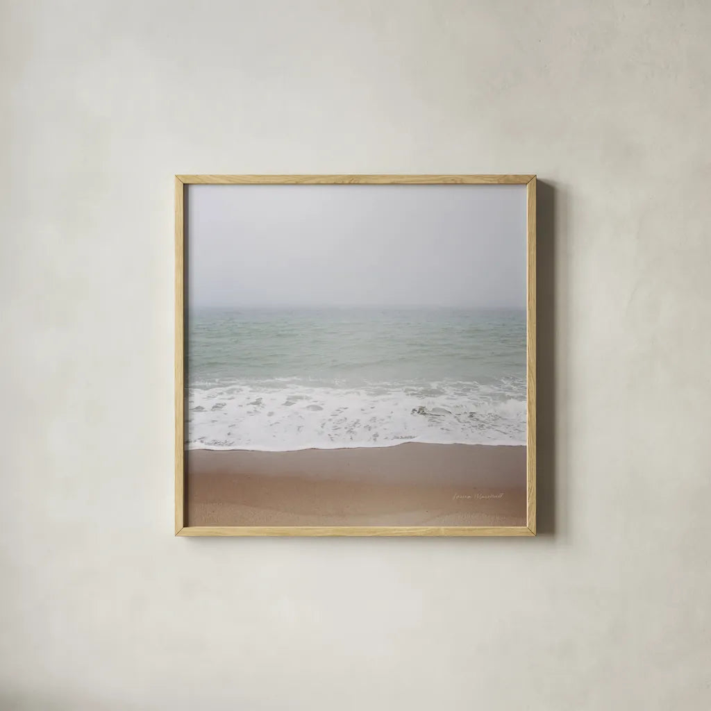 Walk on the Beach by Laura Marshall. Shown in a natural wood glass frame for a timeless modern aesthetic. Available as an archival giclee rolled canvas, fine art paper, or poster print. SKU 38775a.