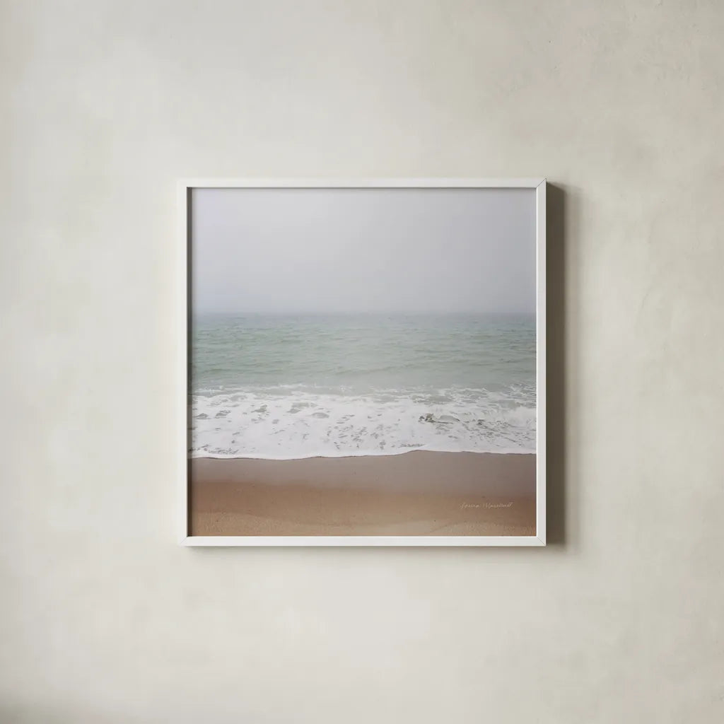 Walk on the Beach by Laura Marshall. Shown in a crisp white glass frame for a clean and minimalist style. Available as an archival giclee rolled canvas, fine art paper, or poster print. SKU 38775a.