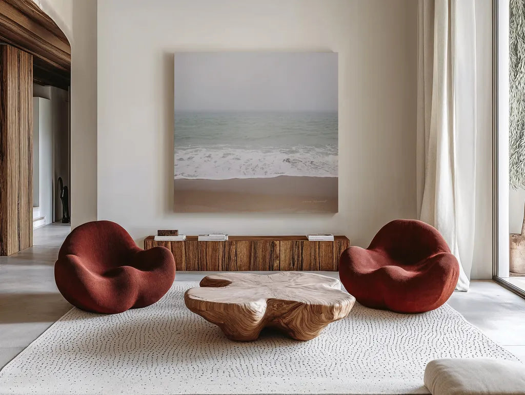 Walk on the Beach by Laura Marshall. Shown as extra-large giant wall art in a modern living room. Available as an archival giclee rolled canvas, fine art paper, or poster print. SKU 38775a.
