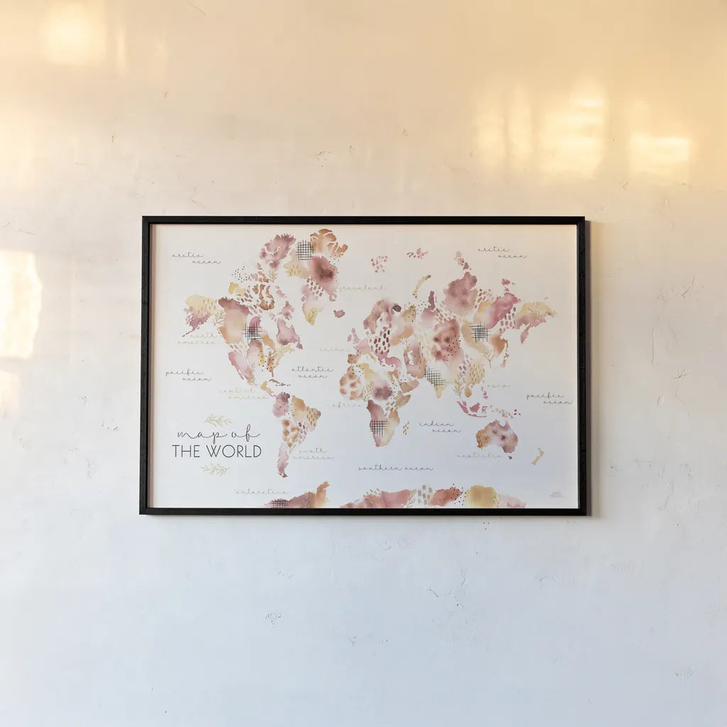 Warm Desert Blooms Map by Laura Marshall. shown as a paper print in a black flame. Available as a archival giclee rolled canvas, fine art paper, or poster print. SKU 66492i.