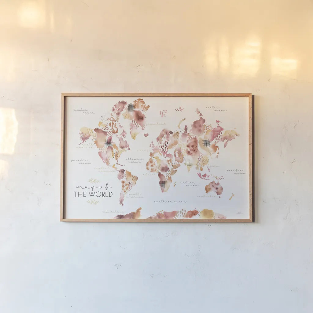 Warm Desert Blooms Map by Laura Marshall. shown as a paper print in a natural frame. Available as a archival giclee rolled canvas, fine art paper, or poster print. SKU 66492i.