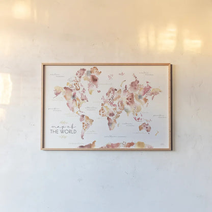 Warm Desert Blooms Map by Laura Marshall. shown as a paper print in a natural frame. Available as a archival giclee rolled canvas, fine art paper, or poster print. SKU 66492i.