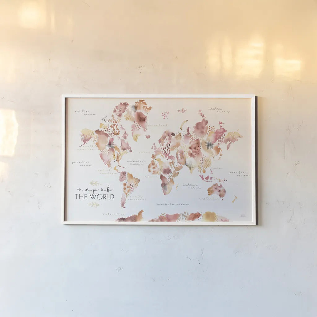 Warm Desert Blooms Map by Laura Marshall. shown as a paper print in a white frame. Available as a archival giclee rolled canvas, fine art paper, or poster print. SKU 66492i.