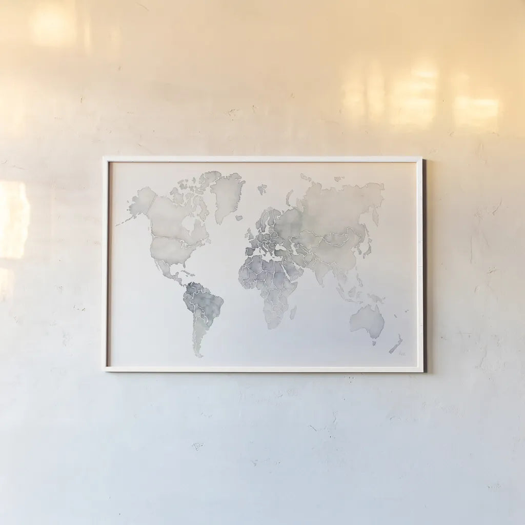 Watercolor Wanderlust by Laura Marshall. shown as a paper print in a white frame. Available as a archival giclee rolled canvas, fine art paper, or poster print. SKU 35934i.