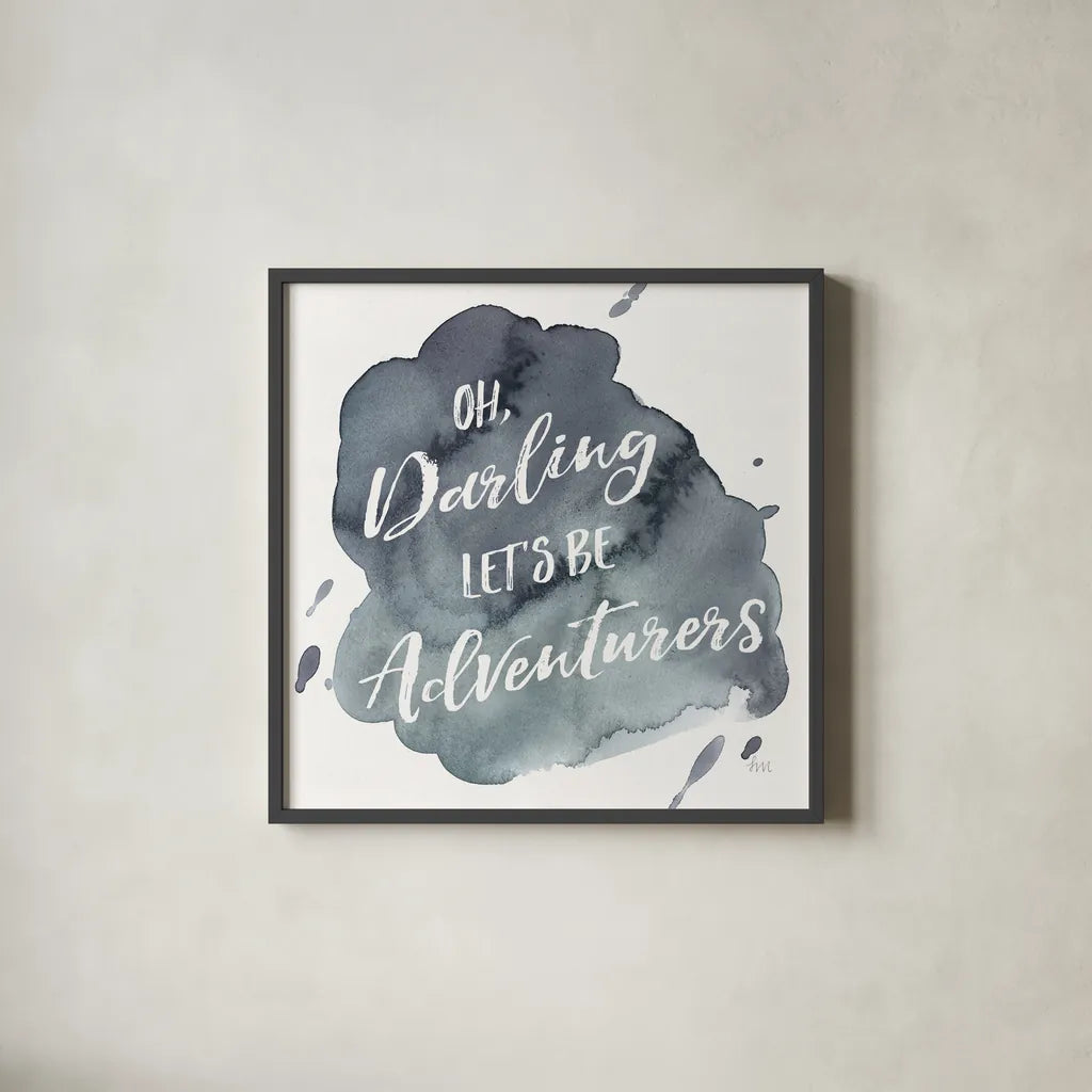 Watercolor Wanderlust Adventure I by Laura Marshall. Shown in a sleek black glass frame for a contemporary gallery look. Available as an archival giclee rolled canvas, fine art paper, or poster print. SKU 36867a.