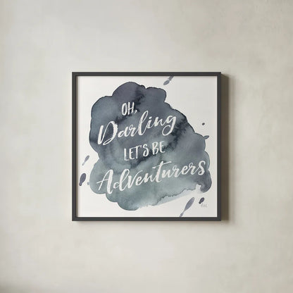Watercolor Wanderlust Adventure I by Laura Marshall. Shown in a sleek black glass frame for a contemporary gallery look. Available as an archival giclee rolled canvas, fine art paper, or poster print. SKU 36867a.