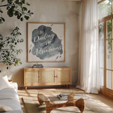Watercolor Wanderlust Adventure I by Laura Marshall. Shown in a natural wood frame in a cozy modern living room. Available as an archival giclee rolled canvas, fine art paper, or poster print. SKU 36867a.