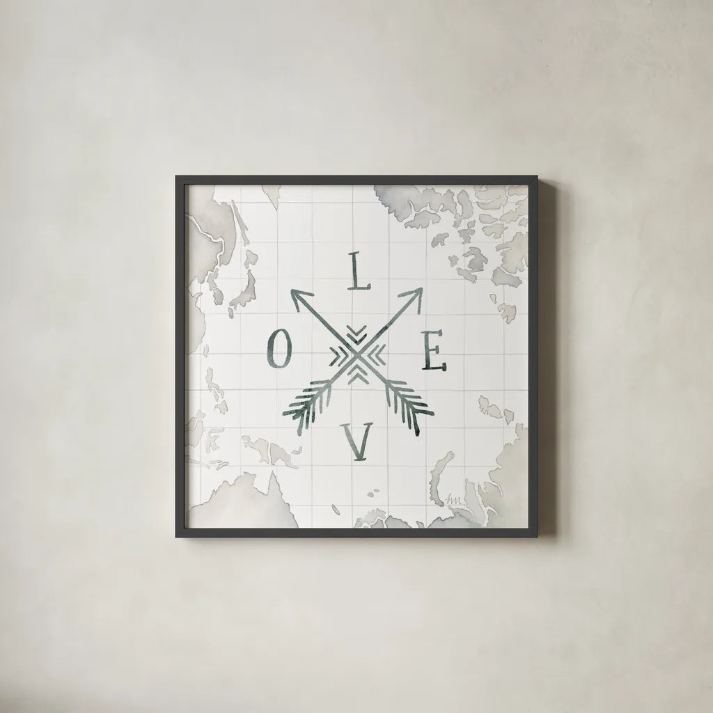 Watercolor Wanderlust Adventure III by Laura Marshall. Shown in a sleek black glass frame for a contemporary gallery look. Available as an archival giclee rolled canvas, fine art paper, or poster print. SKU 36869a.