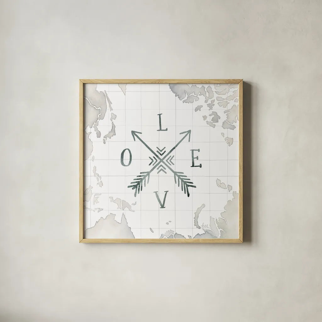 Watercolor Wanderlust Adventure III by Laura Marshall. Shown in a natural wood glass frame for a timeless modern aesthetic. Available as an archival giclee rolled canvas, fine art paper, or poster print. SKU 36869a.