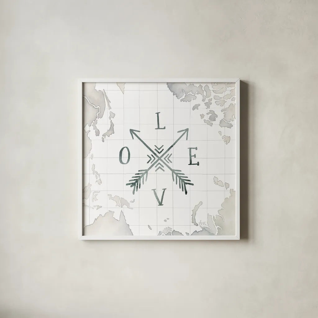 Watercolor Wanderlust Adventure III by Laura Marshall. Shown in a crisp white glass frame for a clean and minimalist style. Available as an archival giclee rolled canvas, fine art paper, or poster print. SKU 36869a.