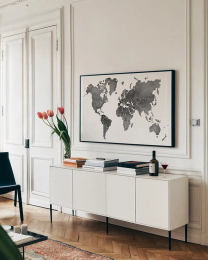 Watercolor Wanderlust Black by Laura Marshall. shown as a framed stretched canvas in a living room above a console. Available as a archival giclee rolled canvas, fine art paper, or poster print. SKU 50561i.