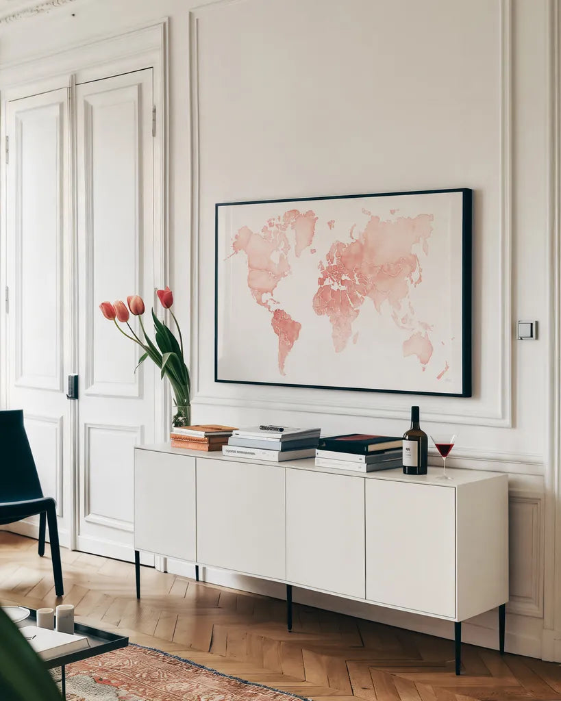 Watercolor Wanderlust Coral by Laura Marshall. shown as a framed stretched canvas in a living room above a console. Available as a archival giclee rolled canvas, fine art paper, or poster print. SKU 50411i.