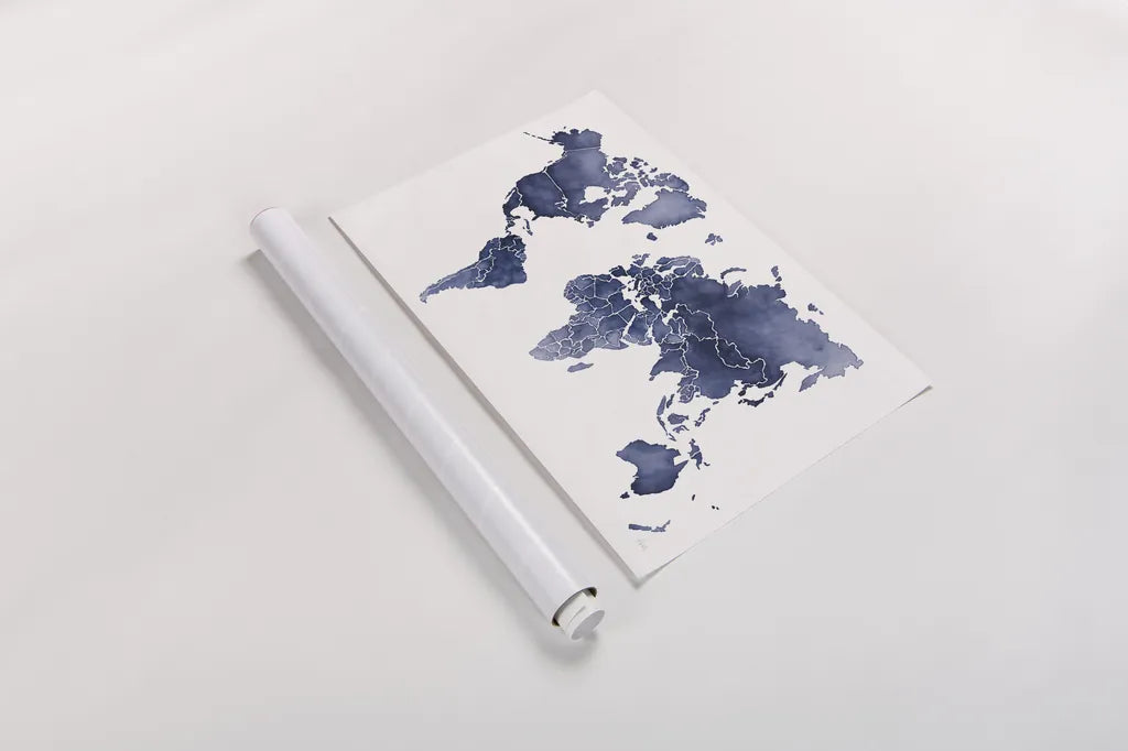 Watercolor Wanderlust Indigo by Laura Marshall. shown as a rolled paper print. Available as archival giclee rolled canvas, fine art paper, or poster print. SKU 50562i.