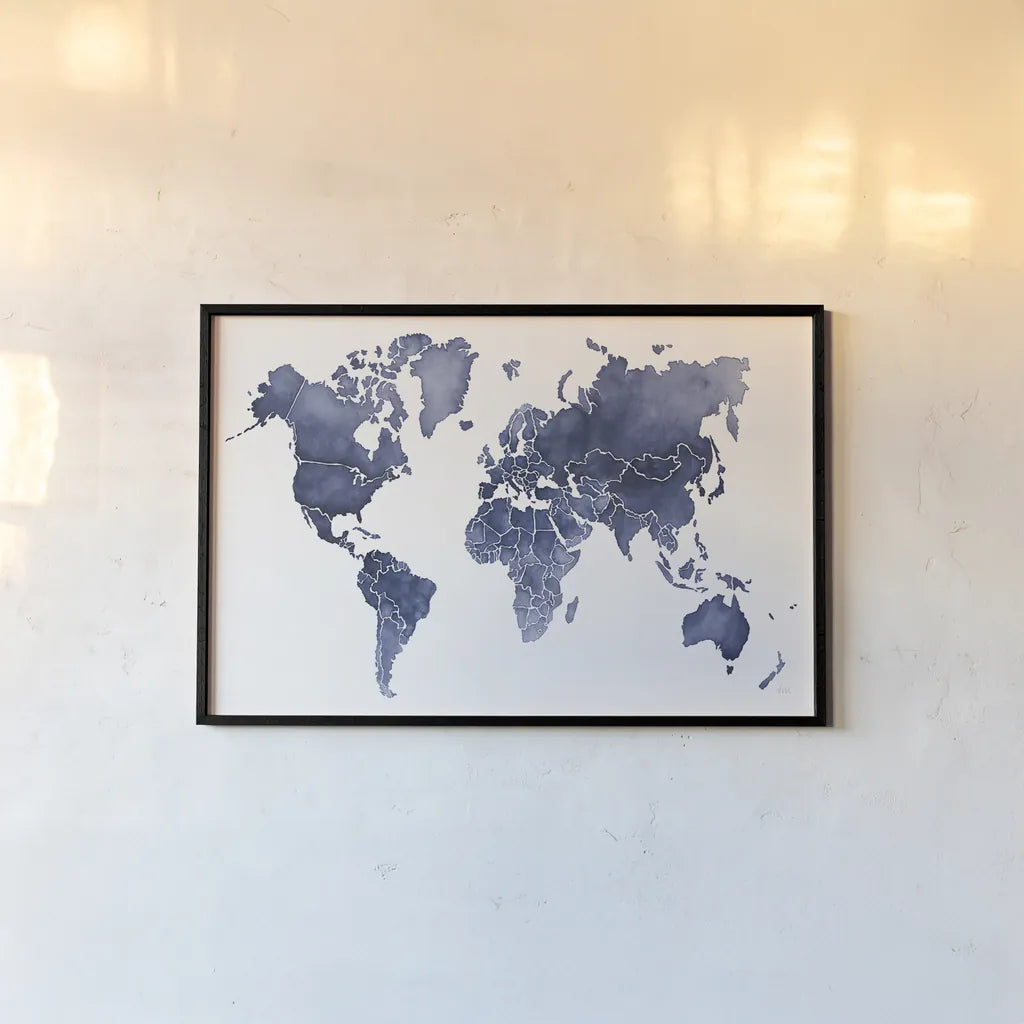 Watercolor Wanderlust Indigo by Laura Marshall. shown as a paper print in a black flame. Available as a archival giclee rolled canvas, fine art paper, or poster print. SKU 50562i.