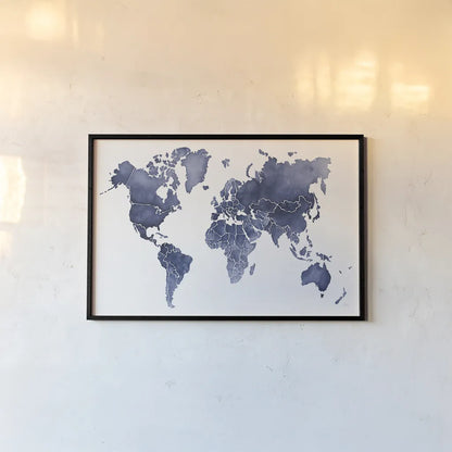 Watercolor Wanderlust Indigo by Laura Marshall. shown as a paper print in a black flame. Available as a archival giclee rolled canvas, fine art paper, or poster print. SKU 50562i.