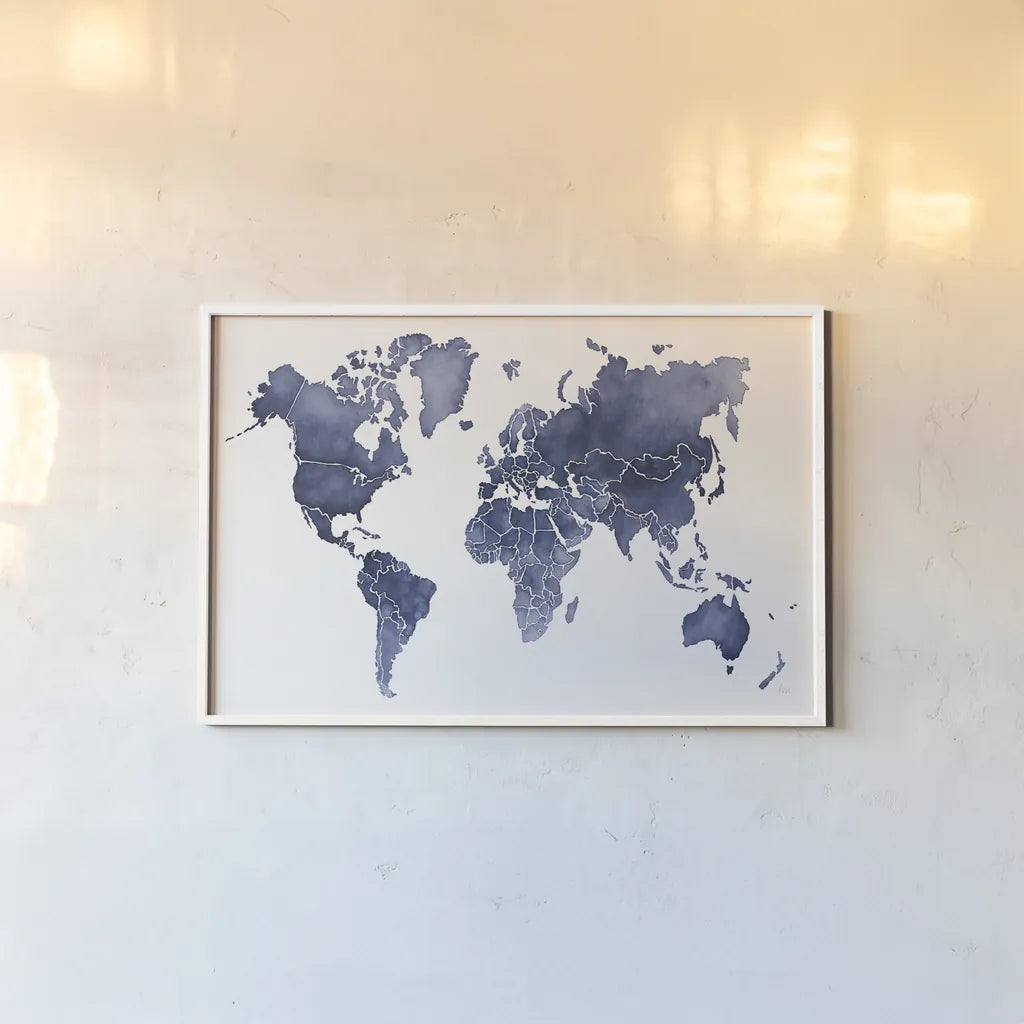 Watercolor Wanderlust Indigo by Laura Marshall. shown as a paper print in a white frame. Available as a archival giclee rolled canvas, fine art paper, or poster print. SKU 50562i.