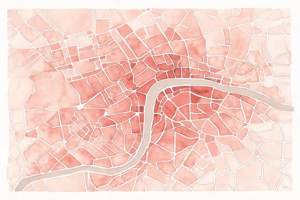 Watercolor Wanderlust London Coral by Laura Marshall. SKU 50415i. Archival Giclee Fine art print for wall decor.