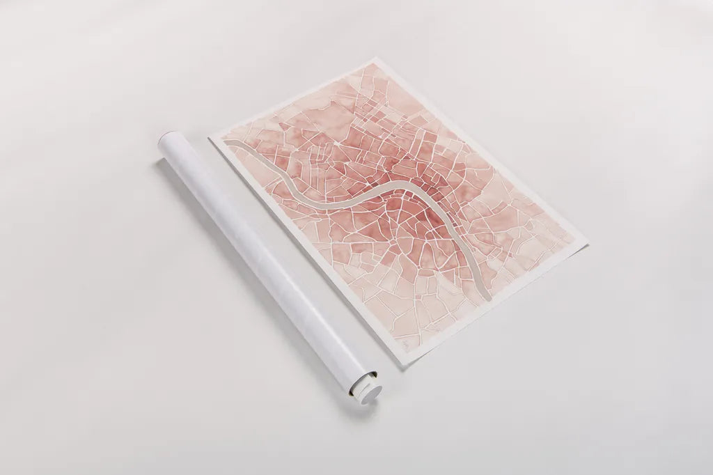 Watercolor Wanderlust London Coral by Laura Marshall. shown as a rolled paper print. Available as archival giclee rolled canvas, fine art paper, or poster print. SKU 50415i.