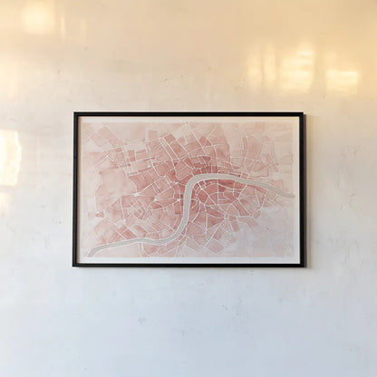 Watercolor Wanderlust London Coral by Laura Marshall. shown as a paper print in a black flame. Available as a archival giclee rolled canvas, fine art paper, or poster print. SKU 50415i.