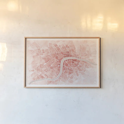 Watercolor Wanderlust London Coral by Laura Marshall. shown as a paper print in a natural frame. Available as a archival giclee rolled canvas, fine art paper, or poster print. SKU 50415i.