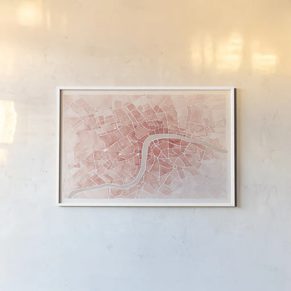 Watercolor Wanderlust London Coral by Laura Marshall. shown as a paper print in a white frame. Available as a archival giclee rolled canvas, fine art paper, or poster print. SKU 50415i.