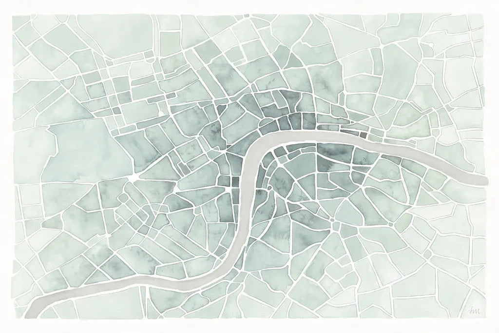 Watercolor Wanderlust London Mint by Laura Marshall. SKU 50413i. Archival Giclee Fine art print for wall decor.