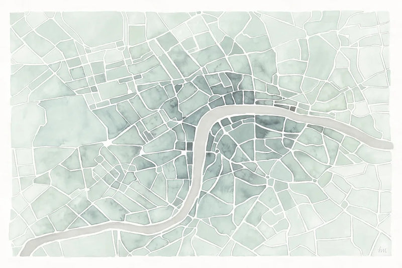 Watercolor Wanderlust London Mint by Laura Marshall. SKU 50413i. Archival Giclee Fine art print for wall decor.