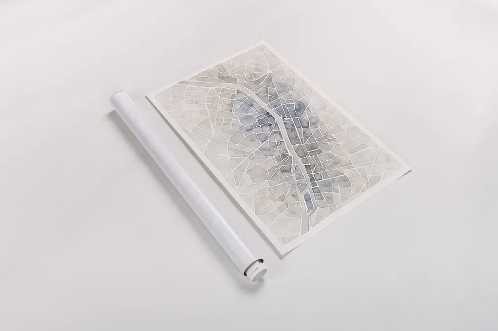 Watercolor Wanderlust Paris by Laura Marshall. shown as a rolled paper print. Available as archival giclee rolled canvas, fine art paper, or poster print. SKU 35935i.