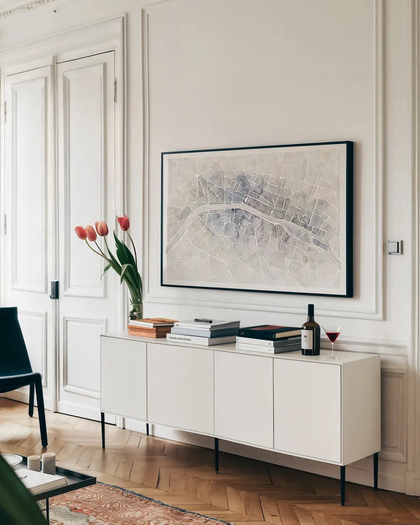 Watercolor Wanderlust Paris by Laura Marshall. shown as a framed stretched canvas in a living room above a console. Available as a archival giclee rolled canvas, fine art paper, or poster print. SKU 35935i.