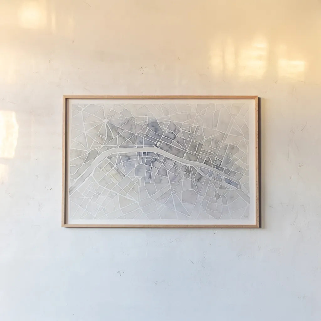 Watercolor Wanderlust Paris by Laura Marshall. shown as a paper print in a natural frame. Available as a archival giclee rolled canvas, fine art paper, or poster print. SKU 35935i.