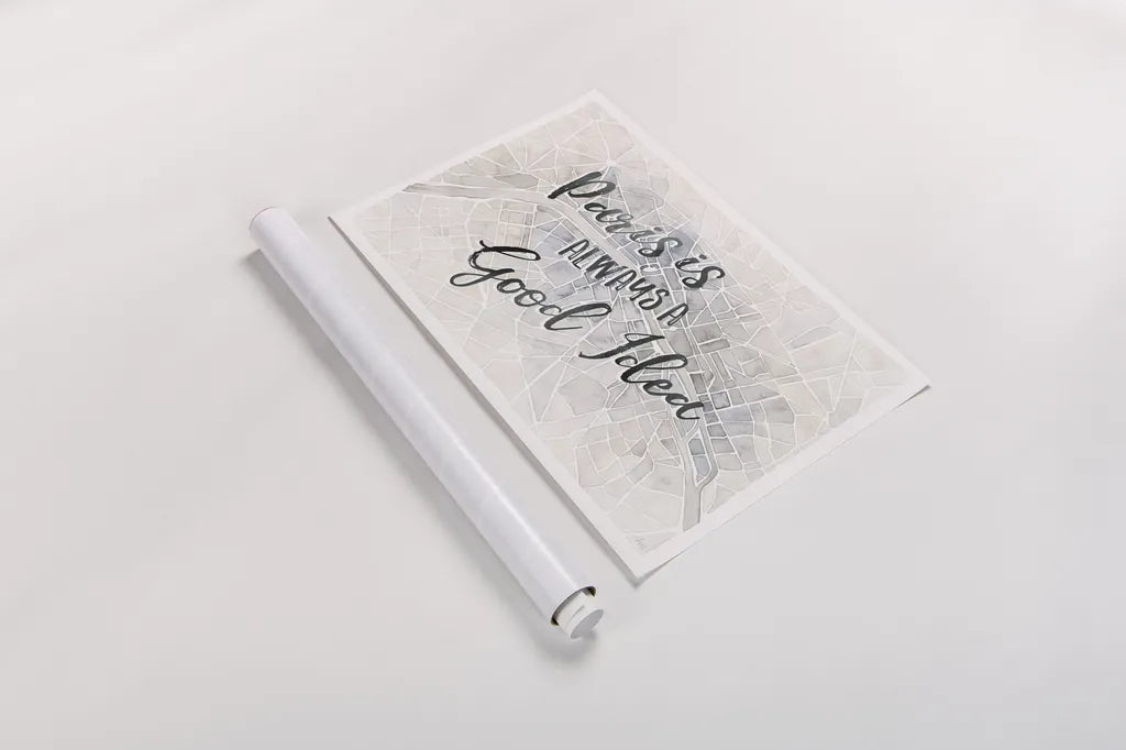 Watercolor Wanderlust Paris Adventure by Laura Marshall. shown as a rolled paper print. Available as archival giclee rolled canvas, fine art paper, or poster print. SKU 36872i.