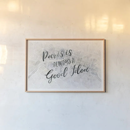 Watercolor Wanderlust Paris Adventure by Laura Marshall. shown as a paper print in a natural frame. Available as a archival giclee rolled canvas, fine art paper, or poster print. SKU 36872i.