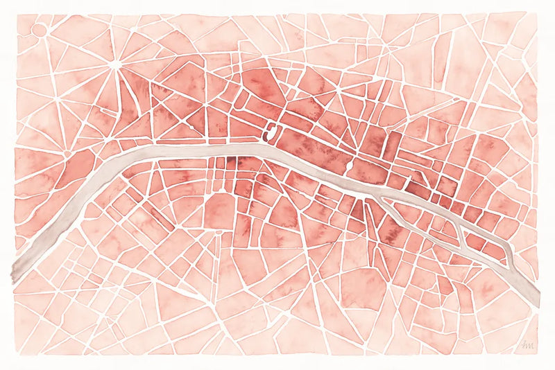 Watercolor Wanderlust Paris Coral by Laura Marshall. SKU 50414i. Archival Giclee Fine art print for wall decor.