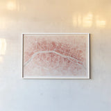 Watercolor Wanderlust Paris Coral by Laura Marshall. shown as a paper print in a white frame. Available as a archival giclee rolled canvas, fine art paper, or poster print. SKU 50414i.