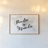 Watercolor Wanderlust Ponder by Laura Marshall. shown as a paper print in a natural frame. Available as a archival giclee rolled canvas, fine art paper, or poster print. SKU 36806i.