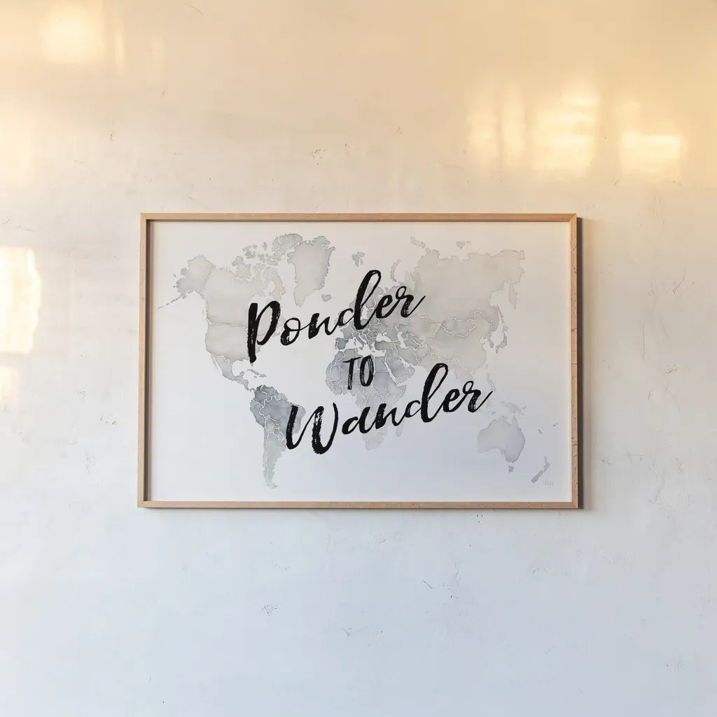 Watercolor Wanderlust Ponder by Laura Marshall. shown as a paper print in a natural frame. Available as a archival giclee rolled canvas, fine art paper, or poster print. SKU 36806i.