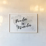 Watercolor Wanderlust Ponder by Laura Marshall. shown as a paper print in a white frame. Available as a archival giclee rolled canvas, fine art paper, or poster print. SKU 36806i.