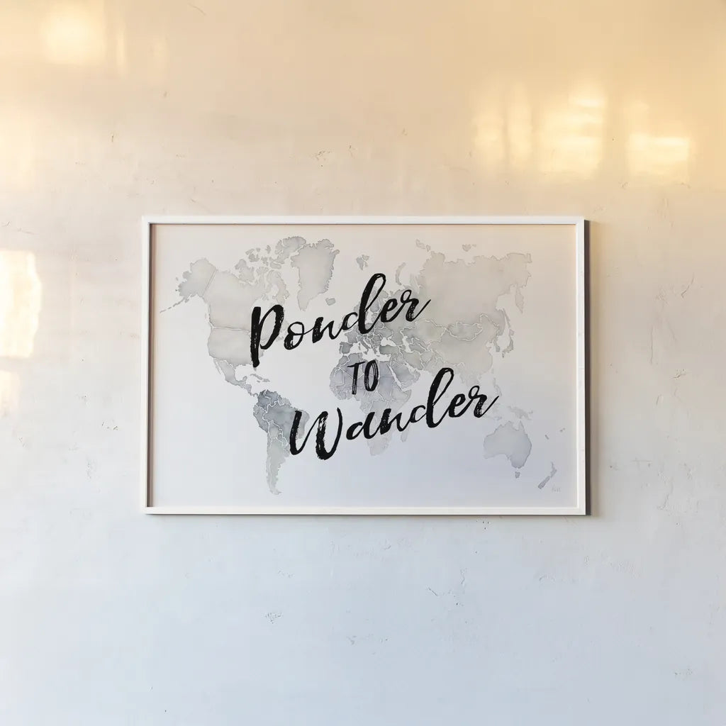 Watercolor Wanderlust Ponder by Laura Marshall. shown as a paper print in a white frame. Available as a archival giclee rolled canvas, fine art paper, or poster print. SKU 36806i.