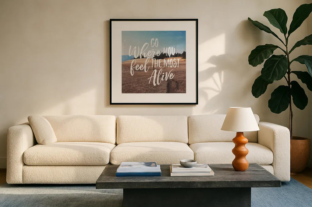 West Coast Wandering I by Laura Marshall. Displayed in a glass frame with matte in a clean modern living room. Available as an archival giclee rolled canvas, fine art paper, or poster print. SKU 42002a.