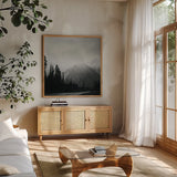 West Coast Wandering III No Words BW by Laura Marshall. Shown in a natural wood frame in a cozy modern living room. Available as an archival giclee rolled canvas, fine art paper, or poster print. SKU 67871a.