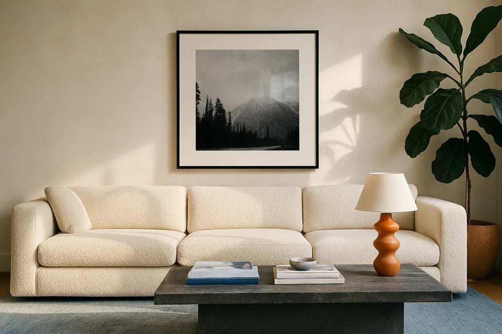 West Coast Wandering III No Words BW by Laura Marshall. Displayed in a glass frame with matte in a clean modern living room. Available as an archival giclee rolled canvas, fine art paper, or poster print. SKU 67871a.