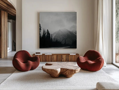 West Coast Wandering III No Words BW by Laura Marshall. Shown as extra-large giant wall art in a modern living room. Available as an archival giclee rolled canvas, fine art paper, or poster print. SKU 67871a.