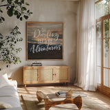 West Coast Wandering IV by Laura Marshall. Shown in a natural wood frame in a cozy modern living room. Available as an archival giclee rolled canvas, fine art paper, or poster print. SKU 42005a.