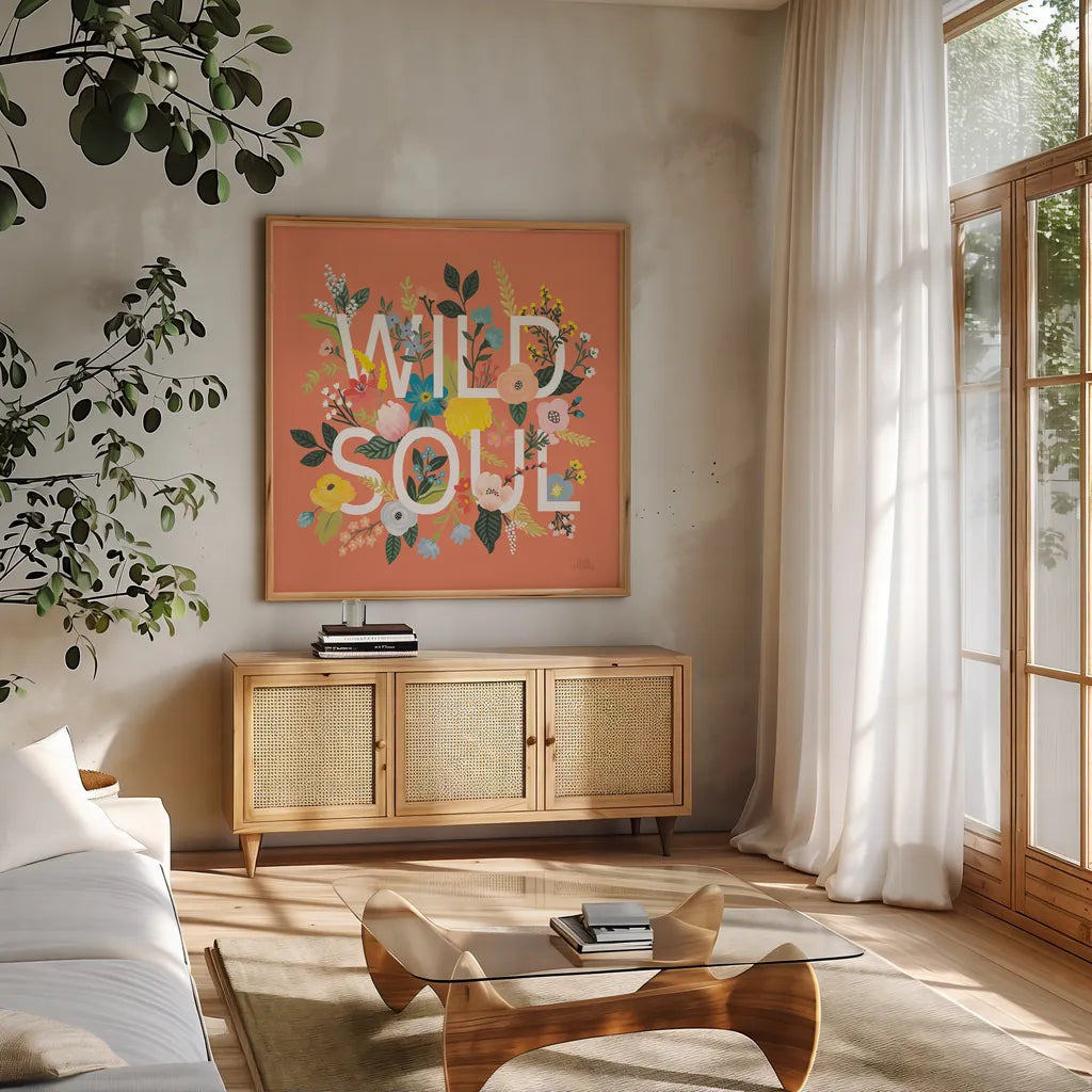 Wild Garden I by Laura Marshall. Shown in a natural wood frame in a cozy modern living room. Available as an archival giclee rolled canvas, fine art paper, or poster print. SKU 48005a.