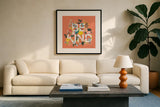 Wild Garden I Be Kind by Laura Marshall. Displayed in a glass frame with matte in a clean modern living room. Available as an archival giclee rolled canvas, fine art paper, or poster print. SKU 53456a.