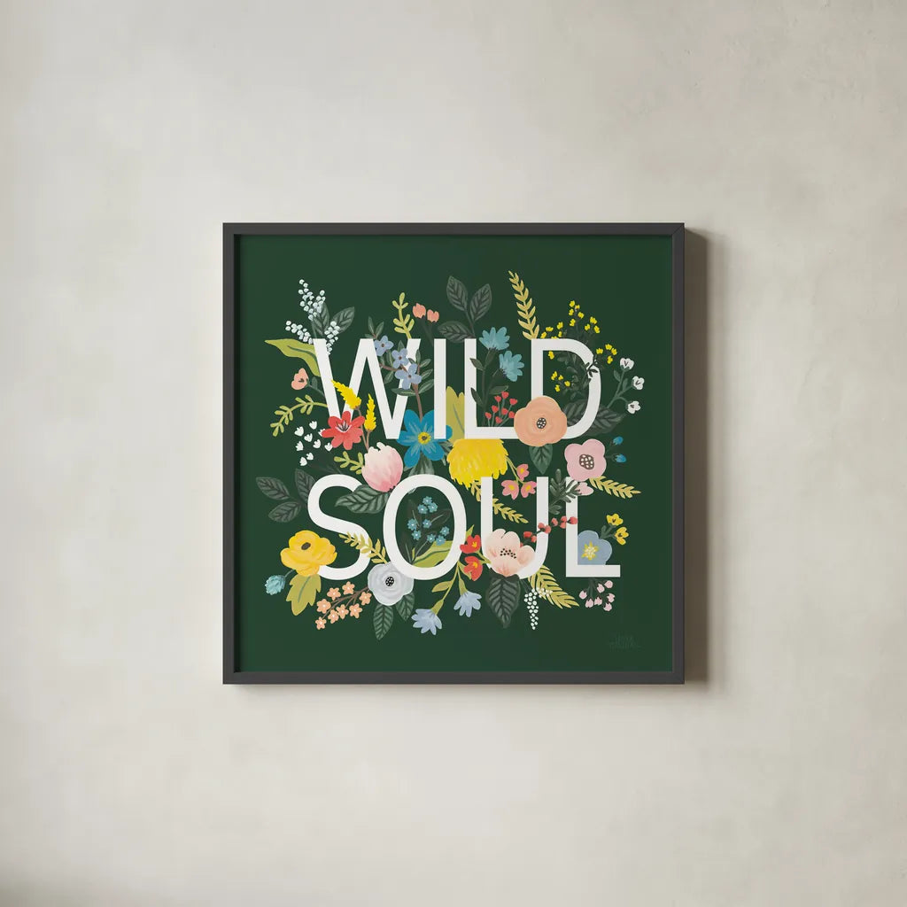 Wild Garden I Green by Laura Marshall. Shown in a sleek black glass frame for a contemporary gallery look. Available as an archival giclee rolled canvas, fine art paper, or poster print. SKU 56468a.