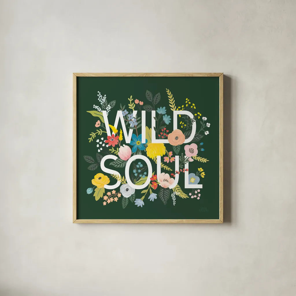 Wild Garden I Green by Laura Marshall. Shown in a natural wood glass frame for a timeless modern aesthetic. Available as an archival giclee rolled canvas, fine art paper, or poster print. SKU 56468a.